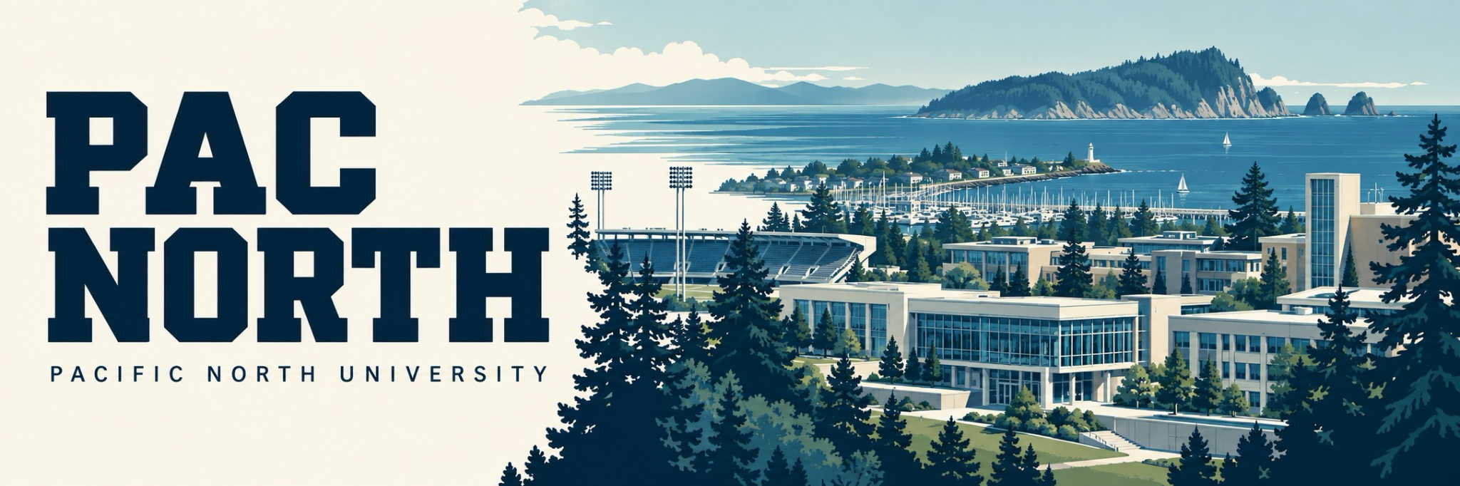 Pac North — Pacific North University. An illustrated campus overlooking the ocean.
