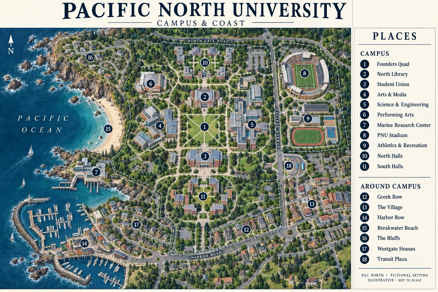 Illustrated map of Pacific North University and the surrounding coast